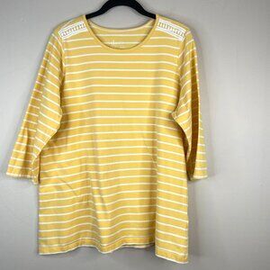 Denim & Co Striped Top Womens 1X Crochet Trim Pullover 3/4 Sleeve Casual Comfy